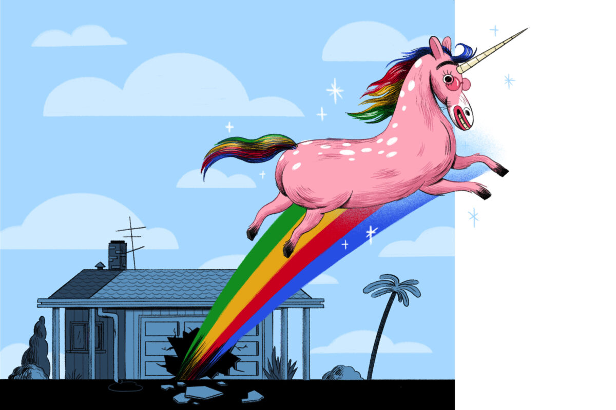 Ein bunt illustriertes Einhorn springt auf einem Regenbogen aus einer Gründergarage.