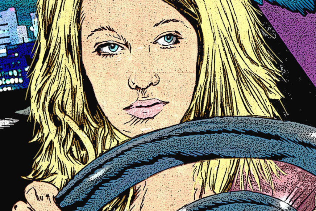 Eine blonde Frau, gezeichnet im Comic-Stil, sitzt hinter dem Steuer ihres Autos.