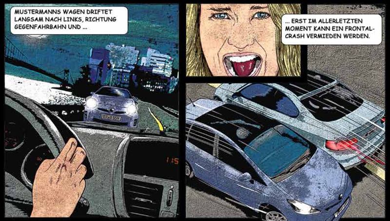 Eine im Comic-Stil gehaltene Bildreihe zeigt einen beinahen Frontal-Crash zweier Autos, der erst im letzten Moment durch ein Ausweichmanöver verhindert werden kann.