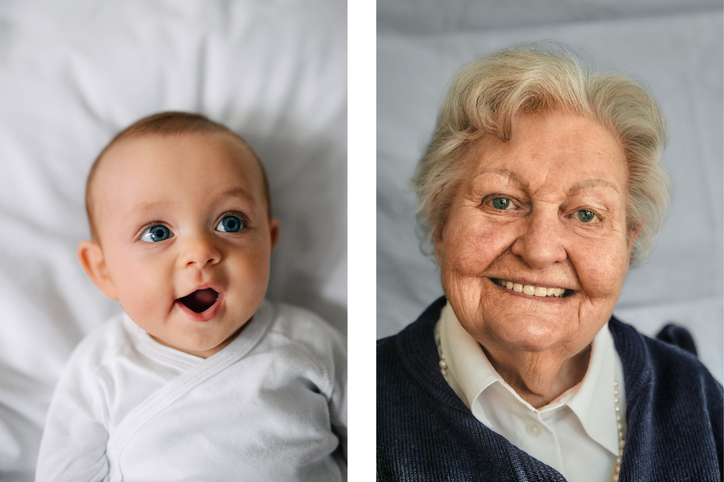 Portraitaufnahmen eines Babys und einer Frau seniorigen Alters.