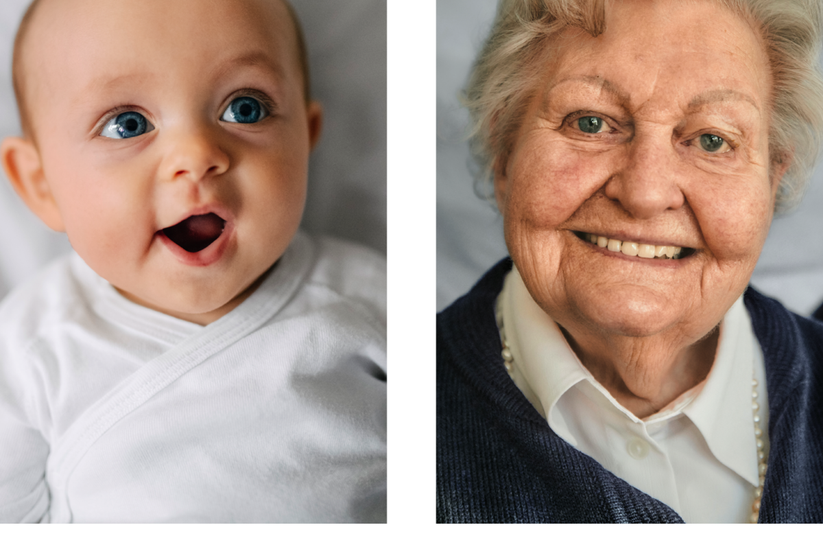 Portraitaufnahmen eines Babys und einer Frau seniorigen Alters.