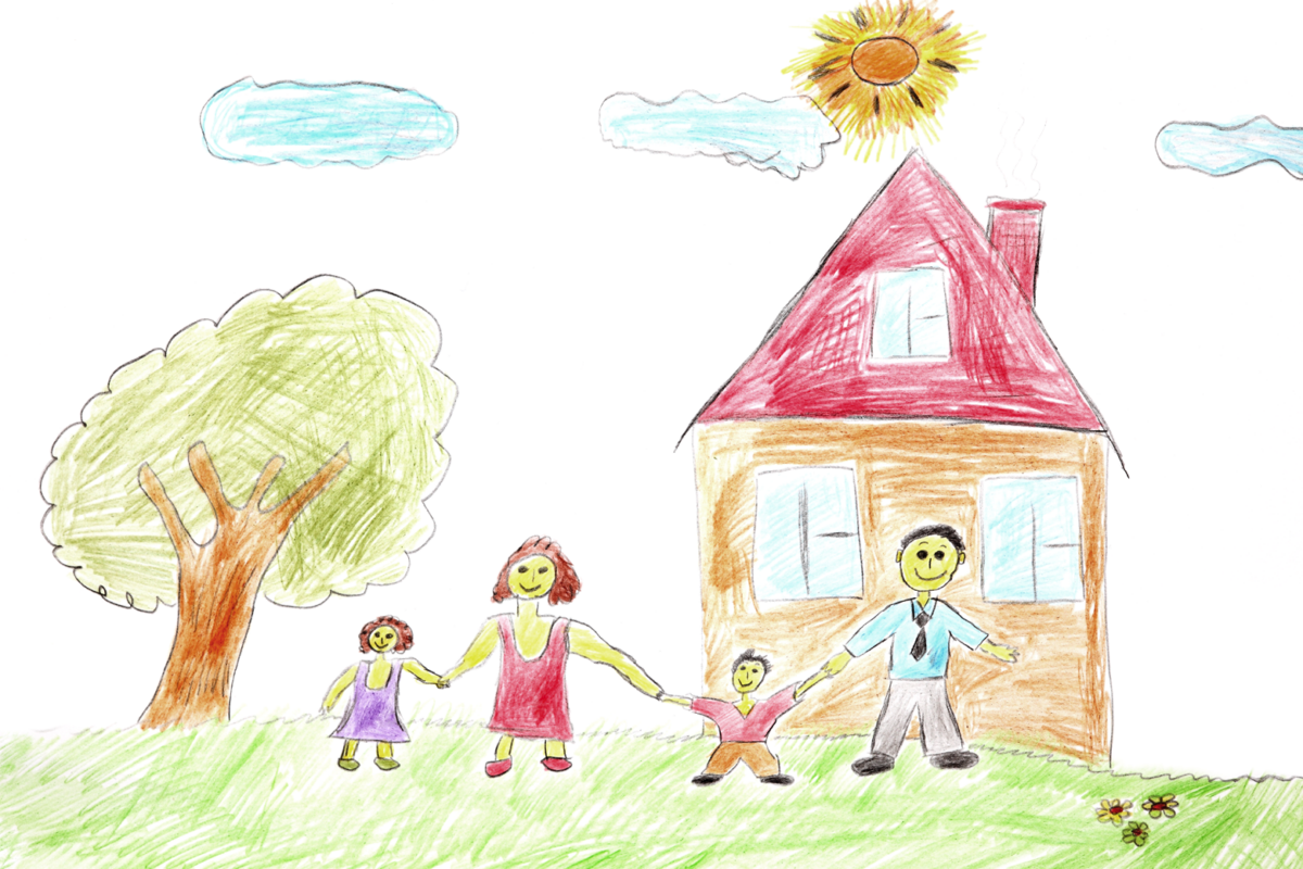 Eine Kinderzeichnung von einer Familie und einem Haus
