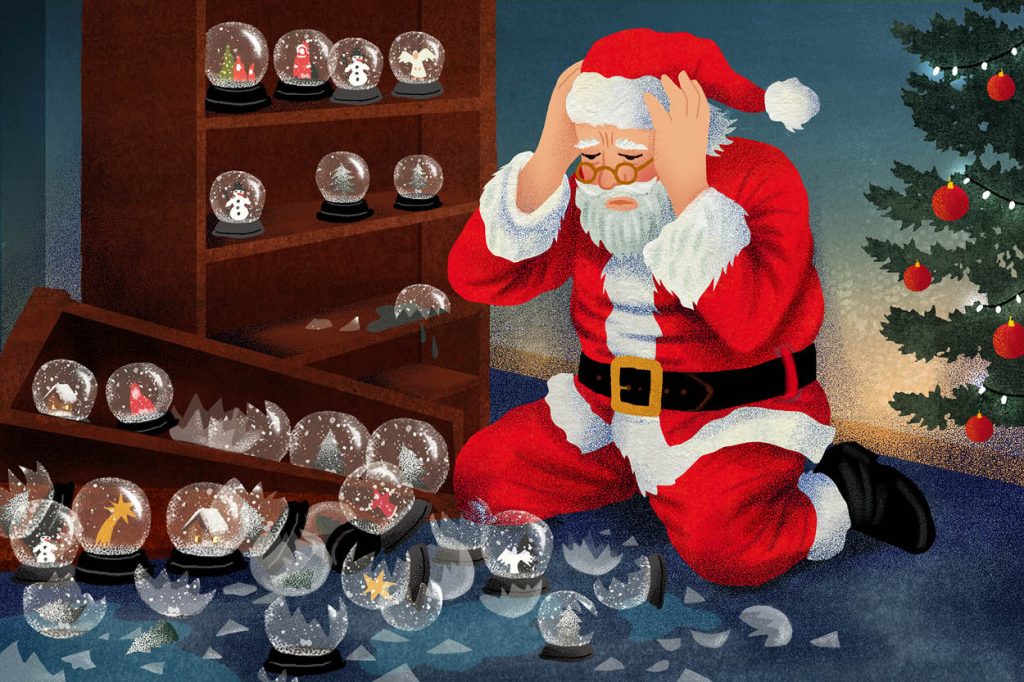 Der Weihnachtsmann kniet verzweifelt auf dem Boden und hält sich mit beiden Händen den Kopf. Vor ihm liegt ein umgekipptes Holzregal, wodurch seine Sammlung an Schneekugeln heruntergefallen ist. Der Boden ist übersät mit Scherben, Wasserlachen und zerbrochenen Schneekugeln, nur wenige sind heil geblieben. Rechts im Bild steht ein beleuchteter Weihnachtsbaum mit roten Kugeln.