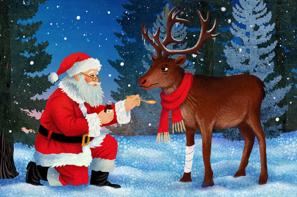 Eine winterliche Illustration: Der Weihnachtsmann kniet im Schnee und reicht einem Rentier einen Löffel Medizin. Das Rentier trägt einen roten Schal und hat einen weißen Verband um das rechte Vorderbein gewickelt. Es blickt den Löffel etwas skeptisch an. Im Hintergrund stehen verschneite Tannenbäume unter einem dunkelblauen Himmel mit leichtem Schneefall.
