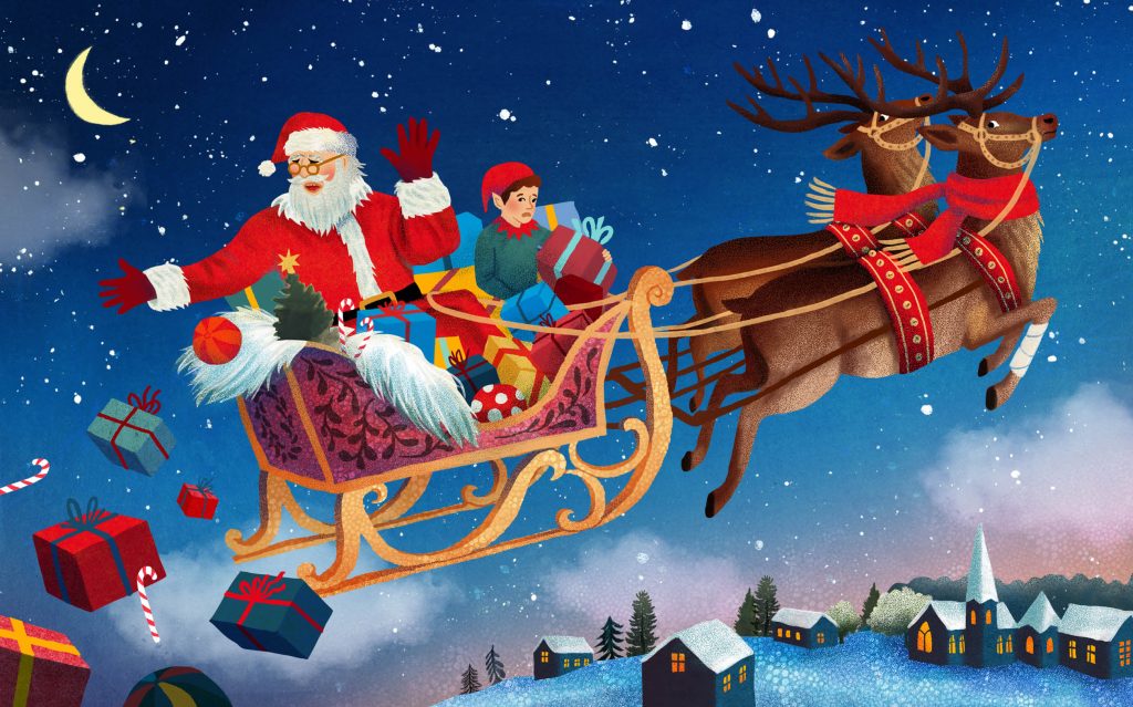 Eine nächtliche Szene über einem verschneiten Dorf: Der Weihnachtsmann sitzt mit einem Elfen im fliegenden Schlitten. Während der Weihnachtsmann fröhlich nach vorne winkt, blickt der Elf entsetzt nach hinten, wo gerade zahlreiche bunte Geschenke aus dem überfüllten Schlitten in die Tiefe stürzen. Der Schlitten wird von zwei Rentieren gezogen, wobei eines davon einen weißen Verband am Bein trägt