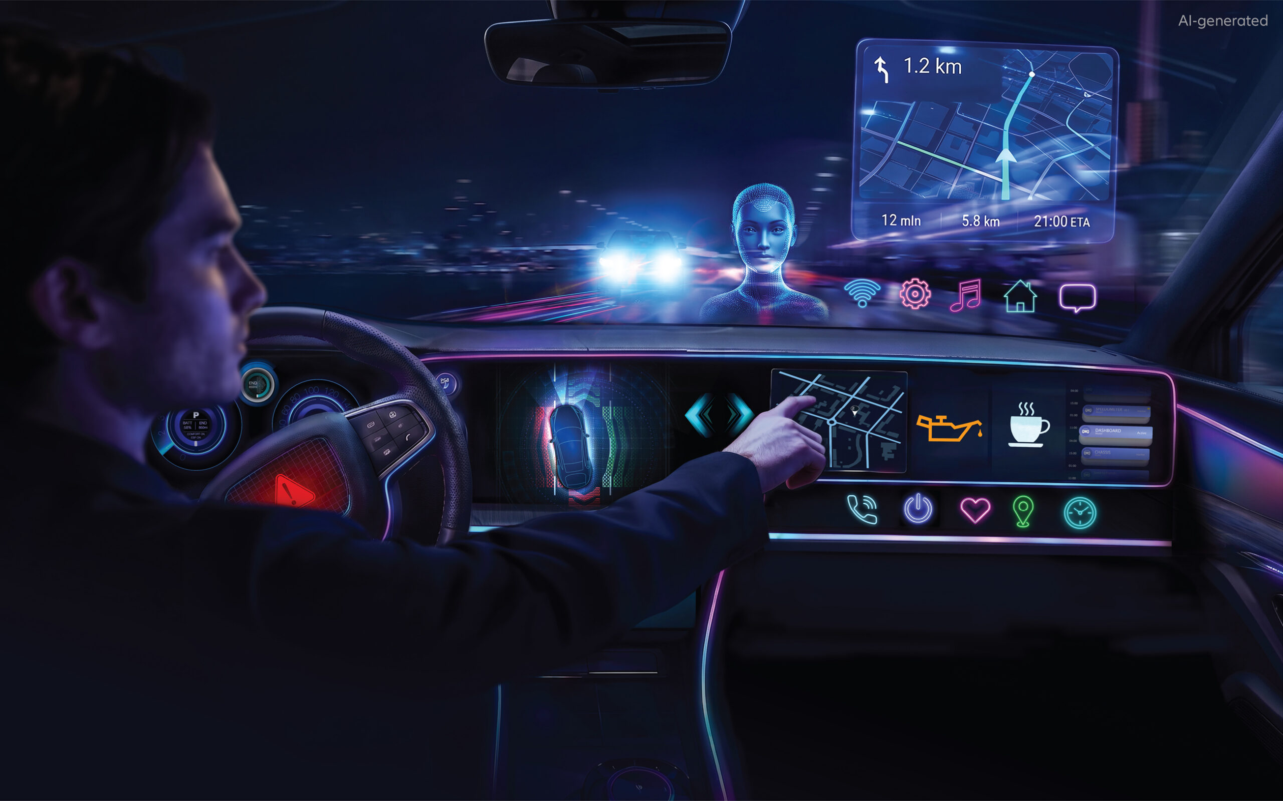 Blick in den futuristischen Innenraum eines Autos bei Nacht: Ein Mann am Steuer bedient das digitale Touchscreen-Cockpit, während auf die Windschutzscheibe ein Head-up-Display mit holografischem KI-Assistenten, digitaler Navigation und verschiedenen Symbolen projiziert wird.